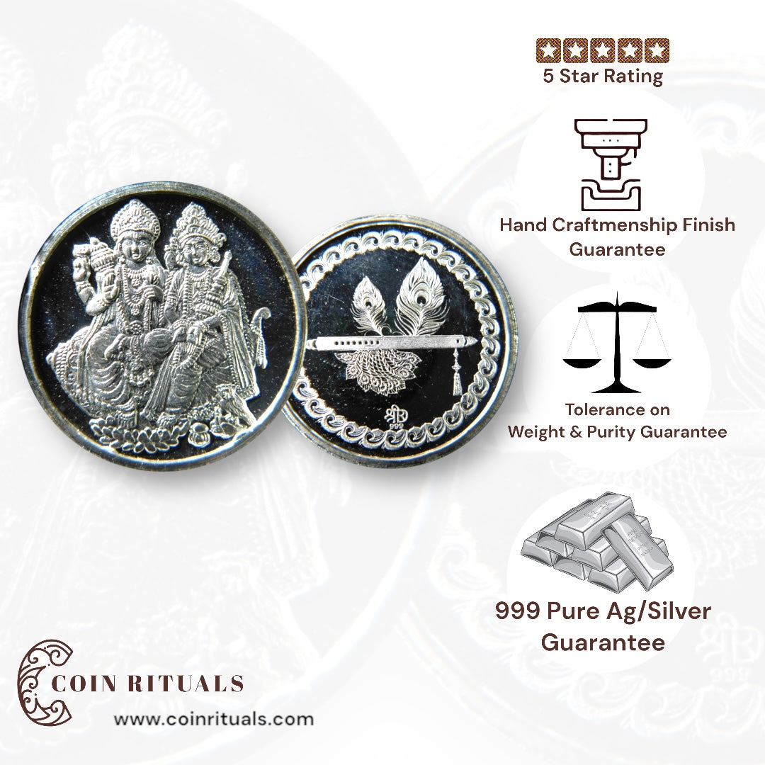 Goddess Lakshmi & Vishnu - 3D Silver Coin 24KT Purity 999 Round Shape - Backside Feather And Flute/Basuri - Coin Rituals