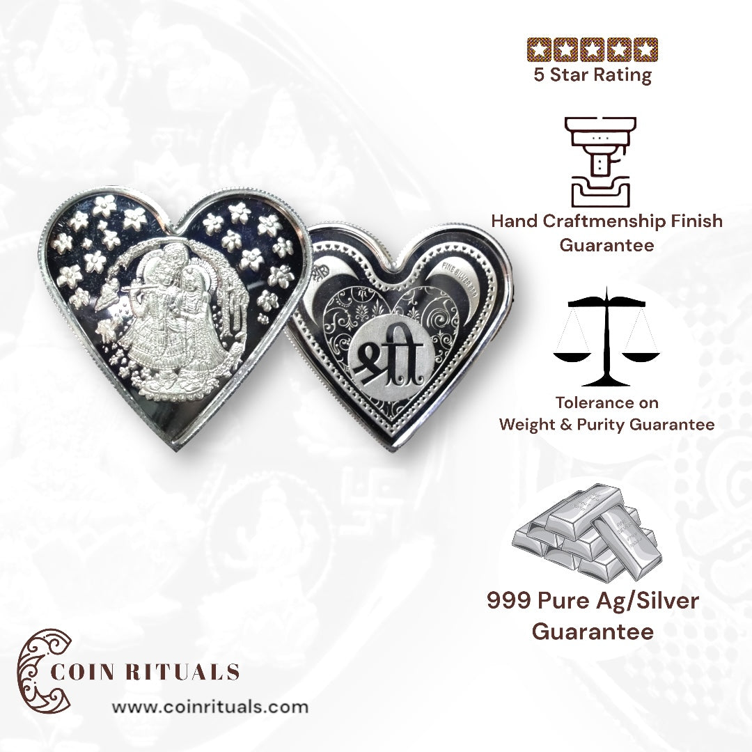 Goddess Radha & Krishna - 3D Silver Coin 24KT Purity 999 Round Shape - Backside Shree - Coin Rituals
