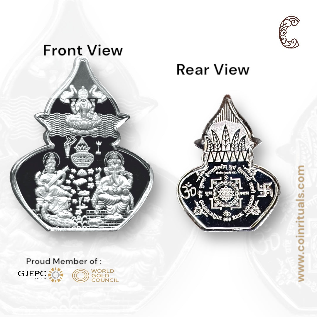 God Ganesh, Saraswati & Lakshmi / Treemurty - Silver Coin 24KT Purity 999 Round Shape - Backside Shree Yantra - Coin Rituals