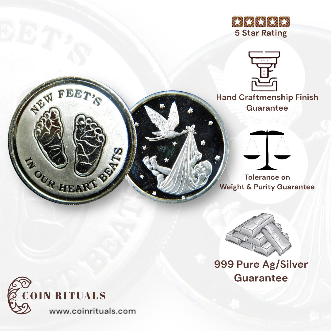 Baby Feet - Silver Coin 24KT Purity 999 Round Shape - Backside Strok With Baby - Coin Rituals