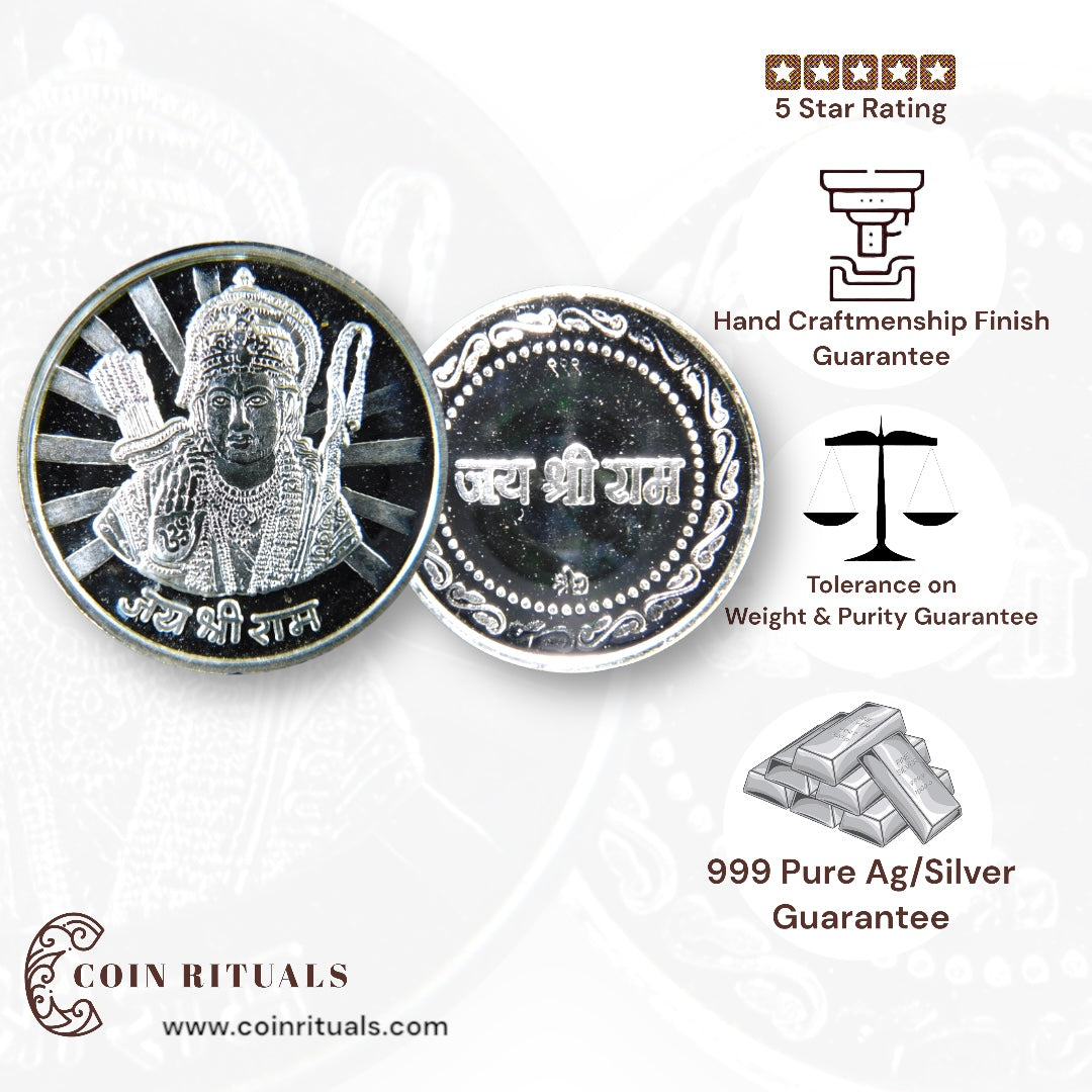 God Ram - 3D Silver Coin 24KT Purity 999 Round Shape - Backside Jai Shree Ram - Coin Rituals