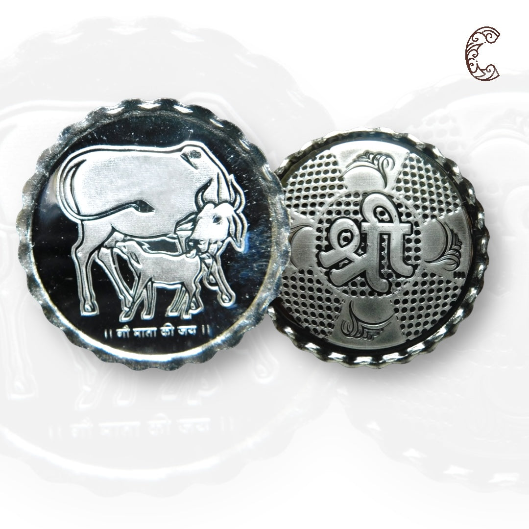Cow And Calf - 3D Silver Coin 24KT Purity 999 Round Shape - Backside Shree - Coin Rituals