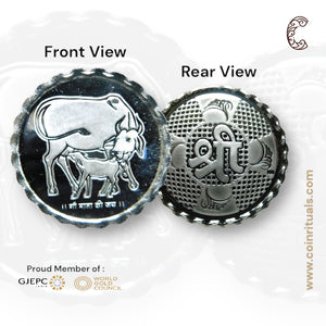 Cow And Calf - 3D Silver Coin 24KT Purity 999 Round Shape - Backside Shree - Coin Rituals
