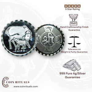 Cow And Calf - 3D Silver Coin 24KT Purity 999 Round Shape - Backside Shree - Coin Rituals