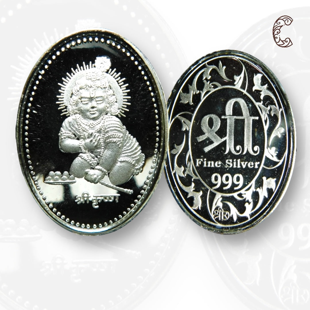 God Laddu Gopal - 3D Silver Coin 24KT Purity 999 Round Shape Front side- Backside Shree - Coin Rituals