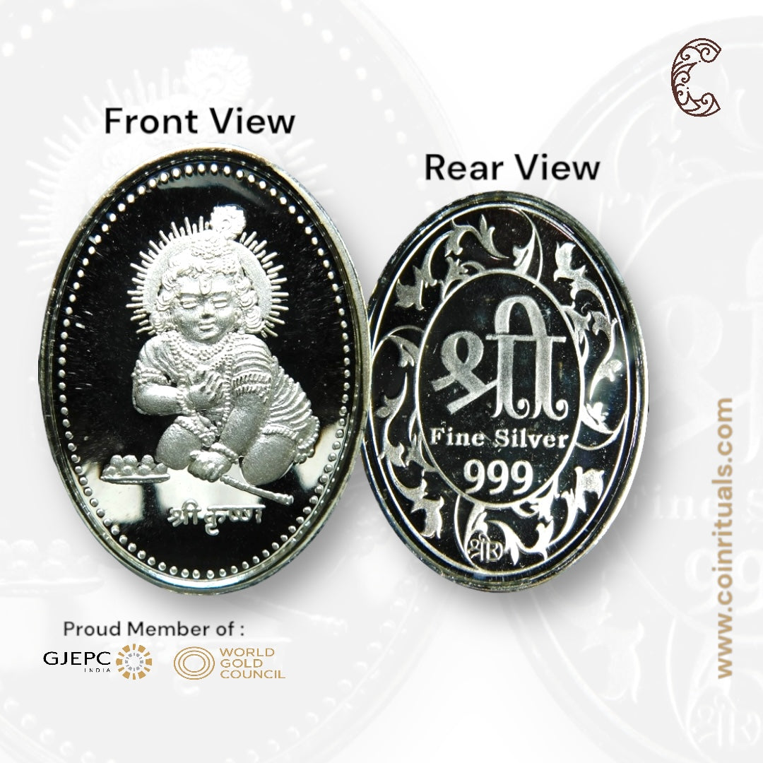 God Laddu Gopal - 3D Silver Coin 24KT Purity 999 Round Shape Front side- Backside Shree - Coin Rituals