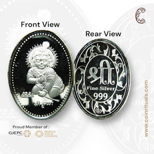 God Laddu Gopal - 3D Silver Coin 24KT Purity 999 Round Shape Front side- Backside Shree - Coin Rituals