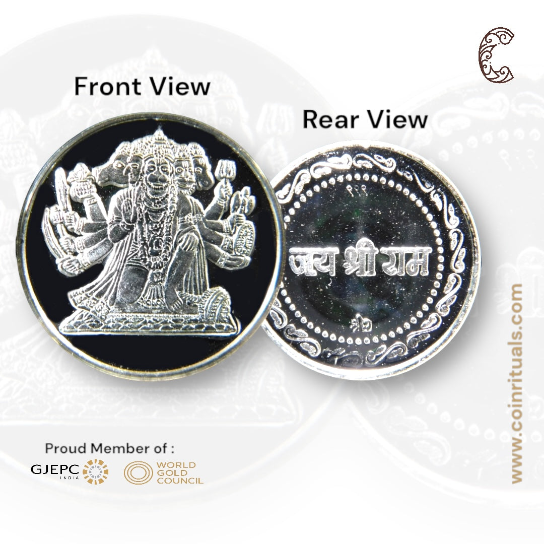 God Panchamukhi Hanuman - 3D Silver Coin 24KT Purity 999 Round Shape - Backside Jai Shree Ram - Coin Rituals
