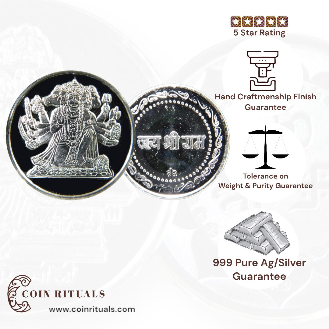 God Panchamukhi Hanuman - 3D Silver Coin 24KT Purity 999 Round Shape - Backside Jai Shree Ram - Coin Rituals