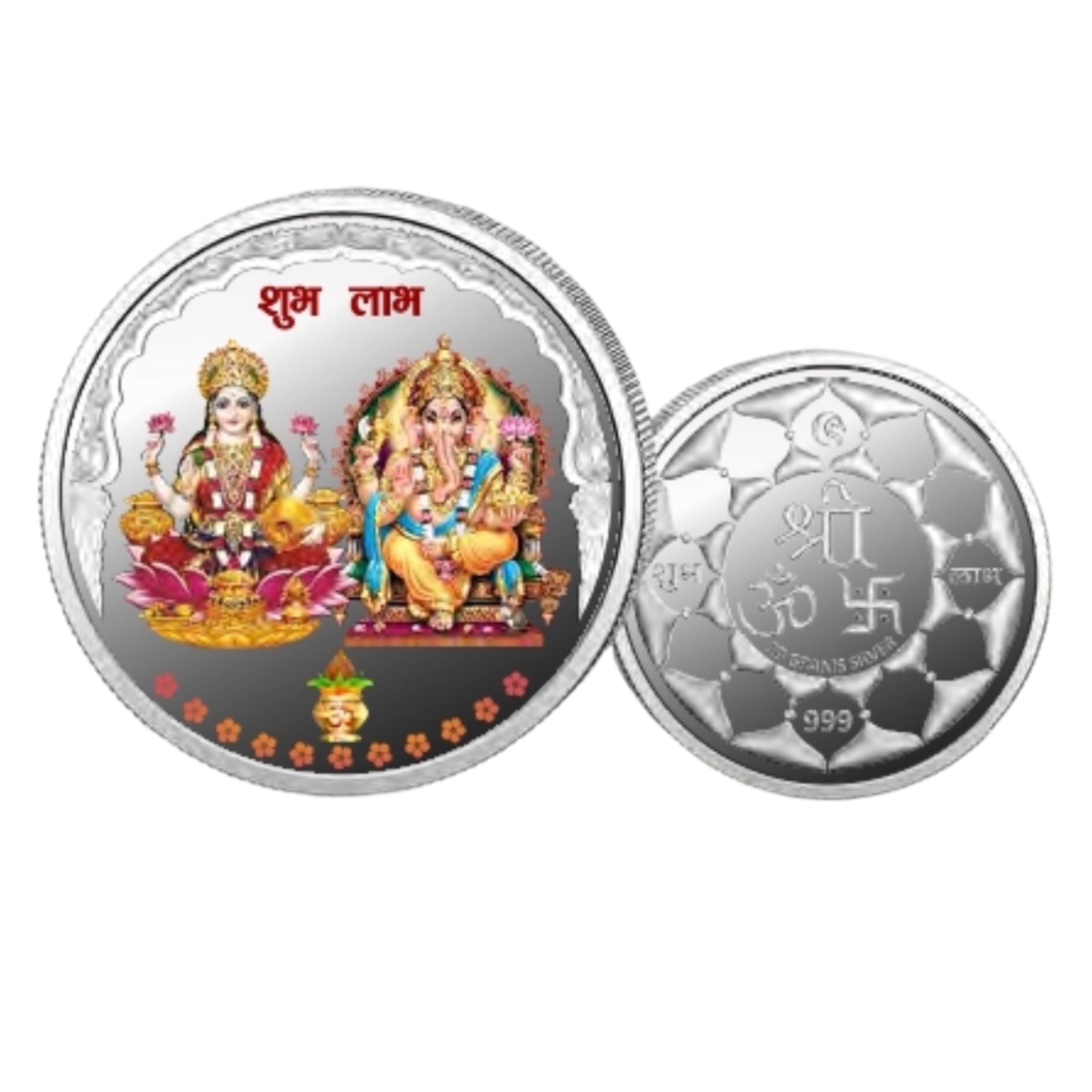 Goddess Lakshmi Ganesh - Color Fine Silver Coin Purity 999 Round Shape - Backside Shree Om Swastik - Coin Rituals