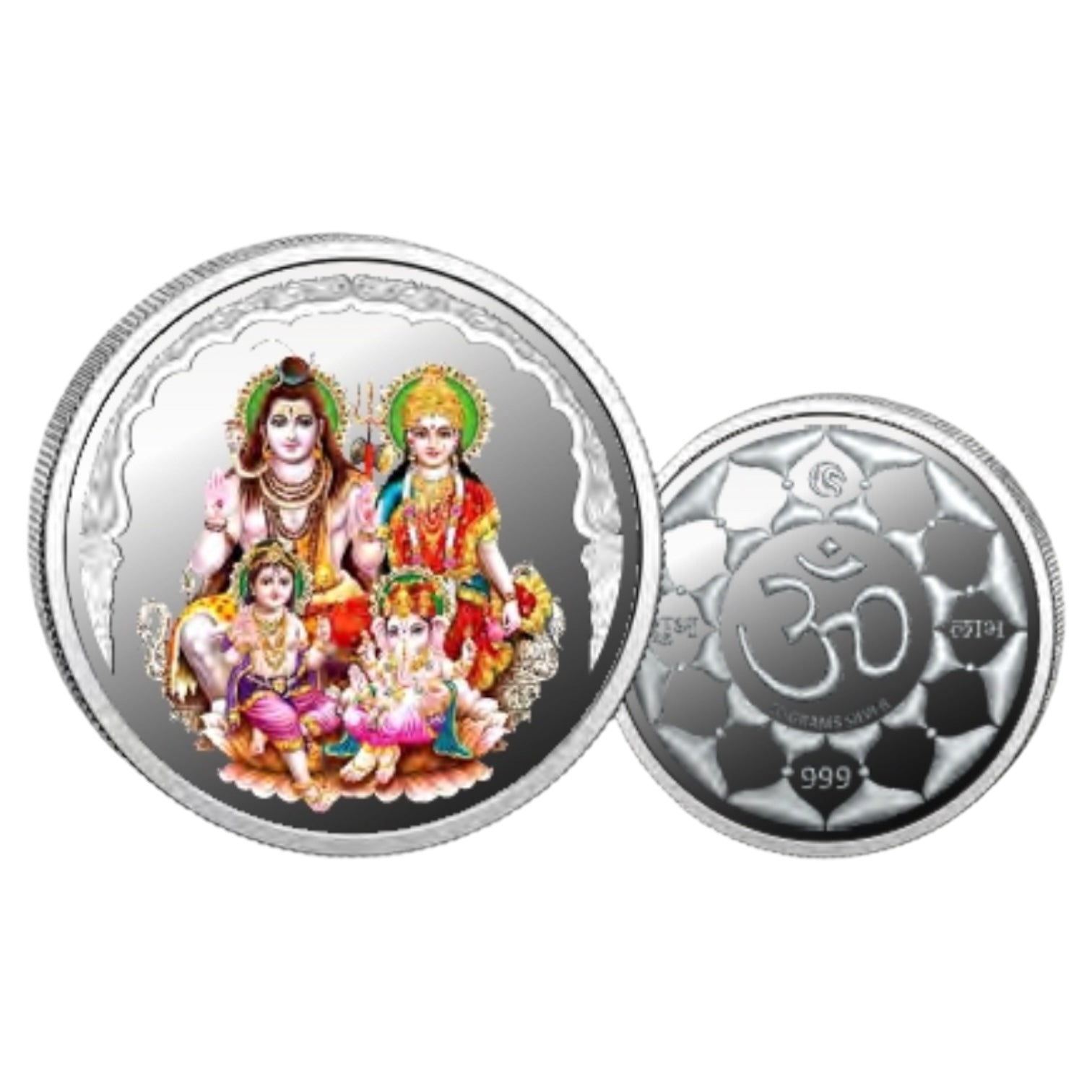 God Shiv Parivar- Color Fine Silver Coin Purity 999 Round Shape - Backside Om - Coin Rituals