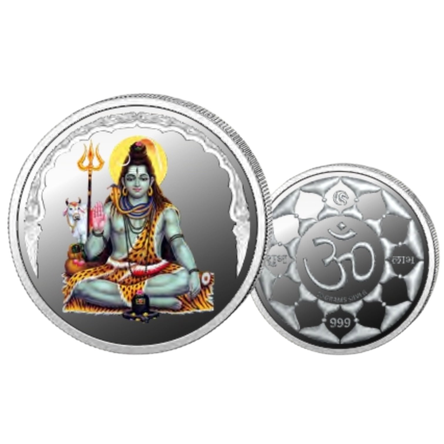God Shiva- Color Fine Silver Coin Purity 999 Round Shape - Backside Om - Coin Rituals