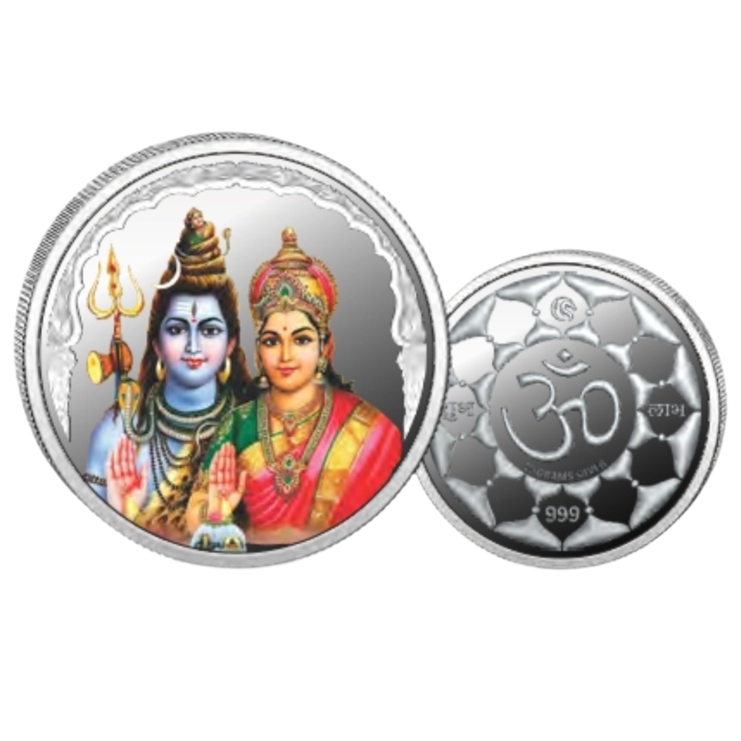 God Shiv Parvati- Color Fine Silver Coin Purity 999 Round Shape - Backside Om - Coin Rituals