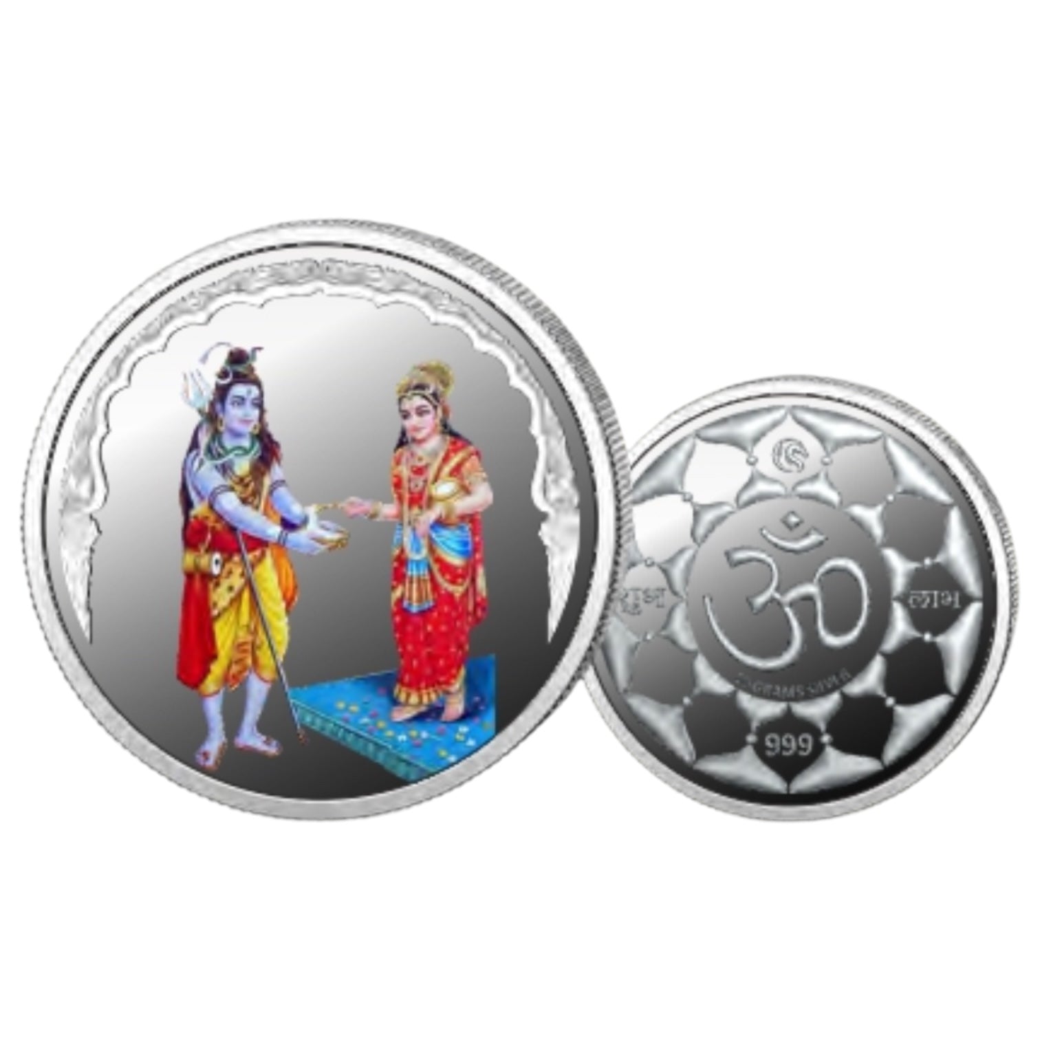 Shiv Annapurna- Color Fine Silver Coin Purity 999 Round Shape - Backside Om - Coin Rituals