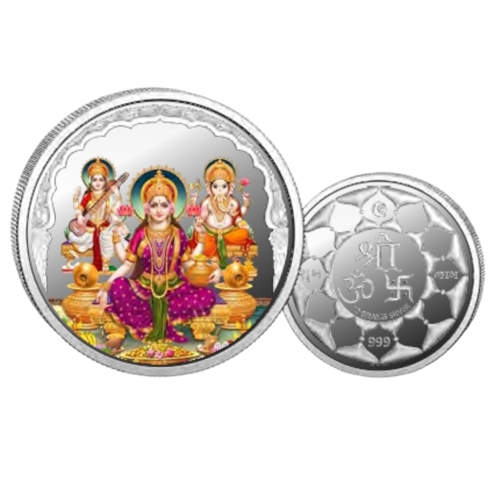 Goddess Lakshmi Ganesh Saraswathi - Color Fine Silver Coin Purity 999 Round Shape - Backside Shree Yantra - Coin Rituals