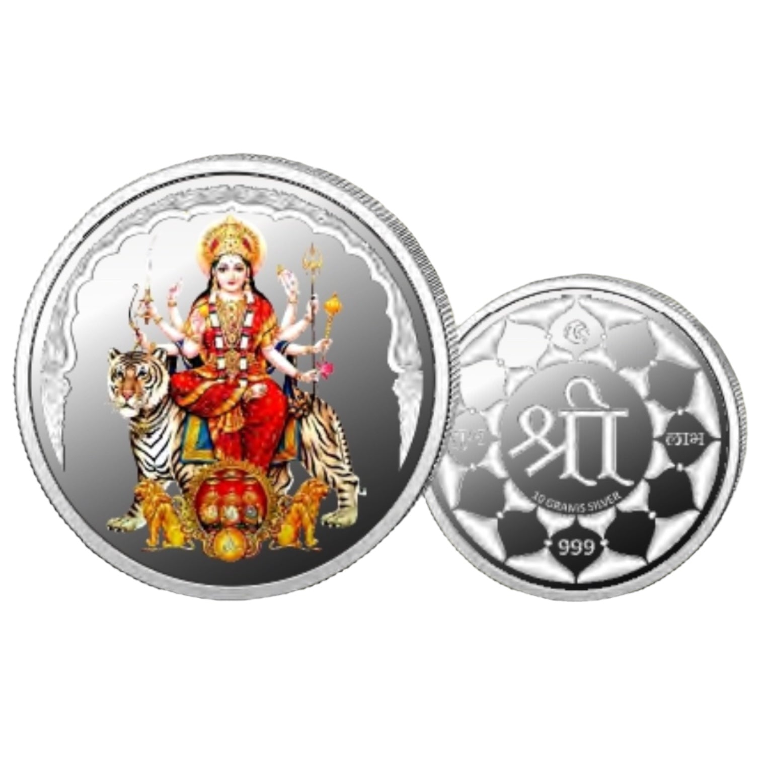 Goddess Durga Mata- Color Fine Silver Coin Purity 999 Round Shape - Backside Shree - Coin Rituals