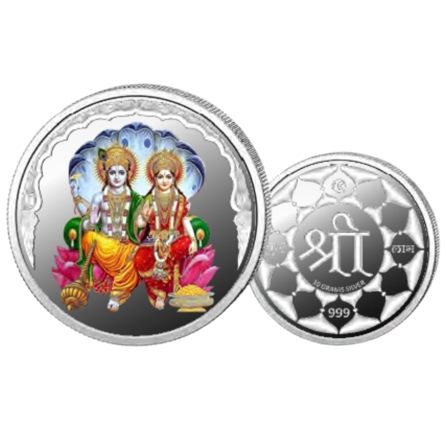 Lakshmi Narayana- Color Fine Silver Coin Purity 999 Round Shape - Backside Shree - Coin Rituals