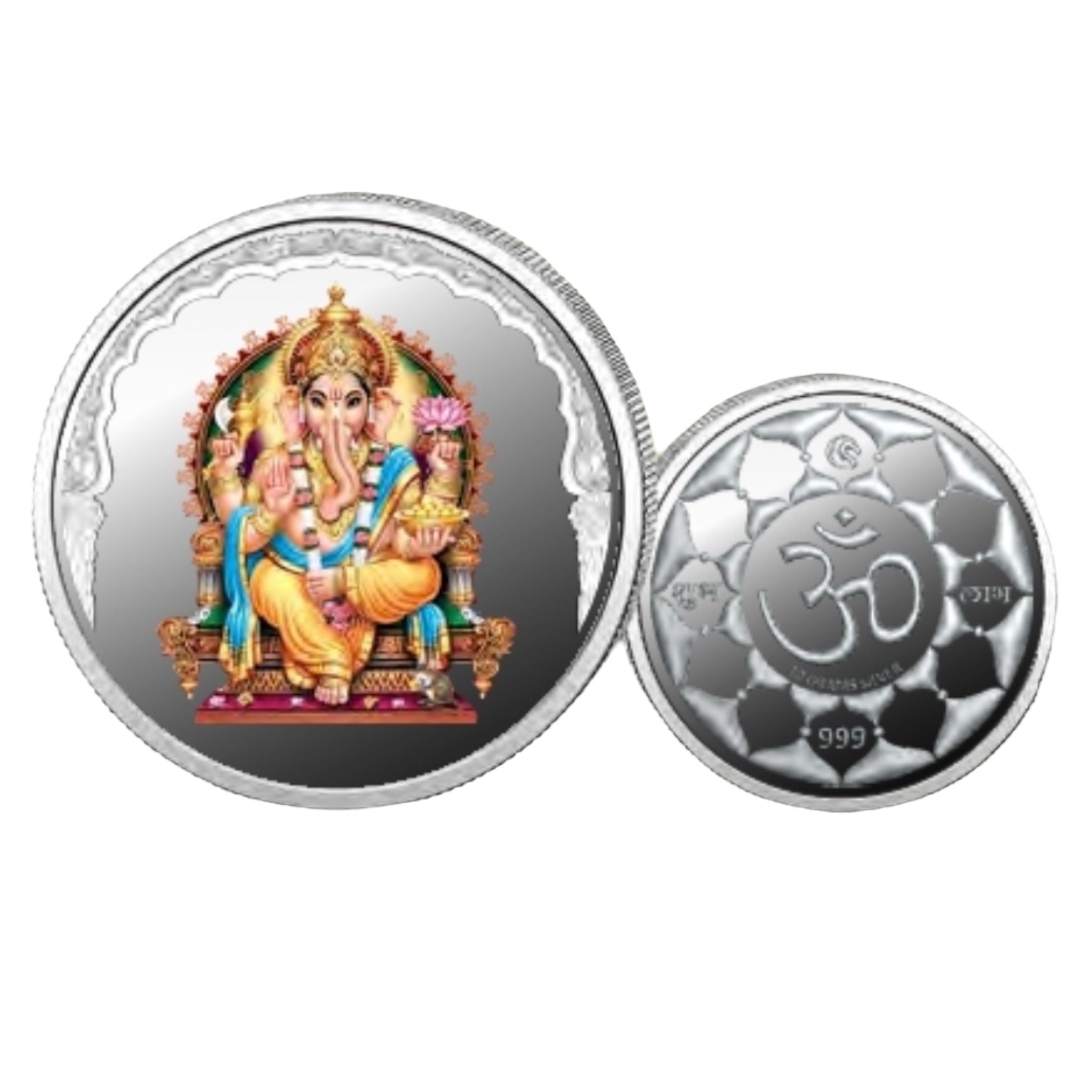 God Ganesh- Color Fine Silver Coin Purity 999 Round Shape - Backside Shree Yantra - Coin Rituals