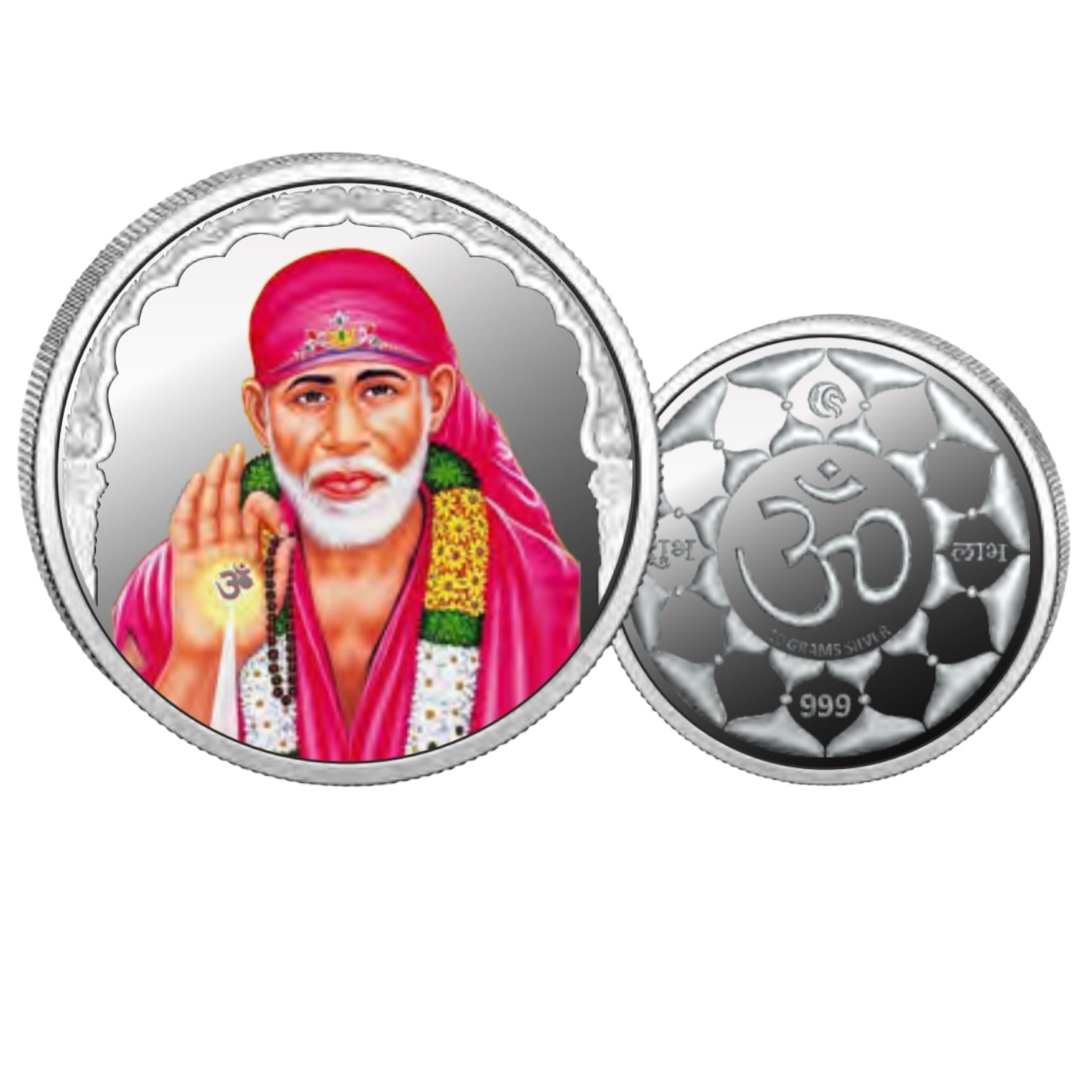 Sai Baba- Color Fine Silver Coin Purity 999 Round Shape - Backside Om - Coin Rituals