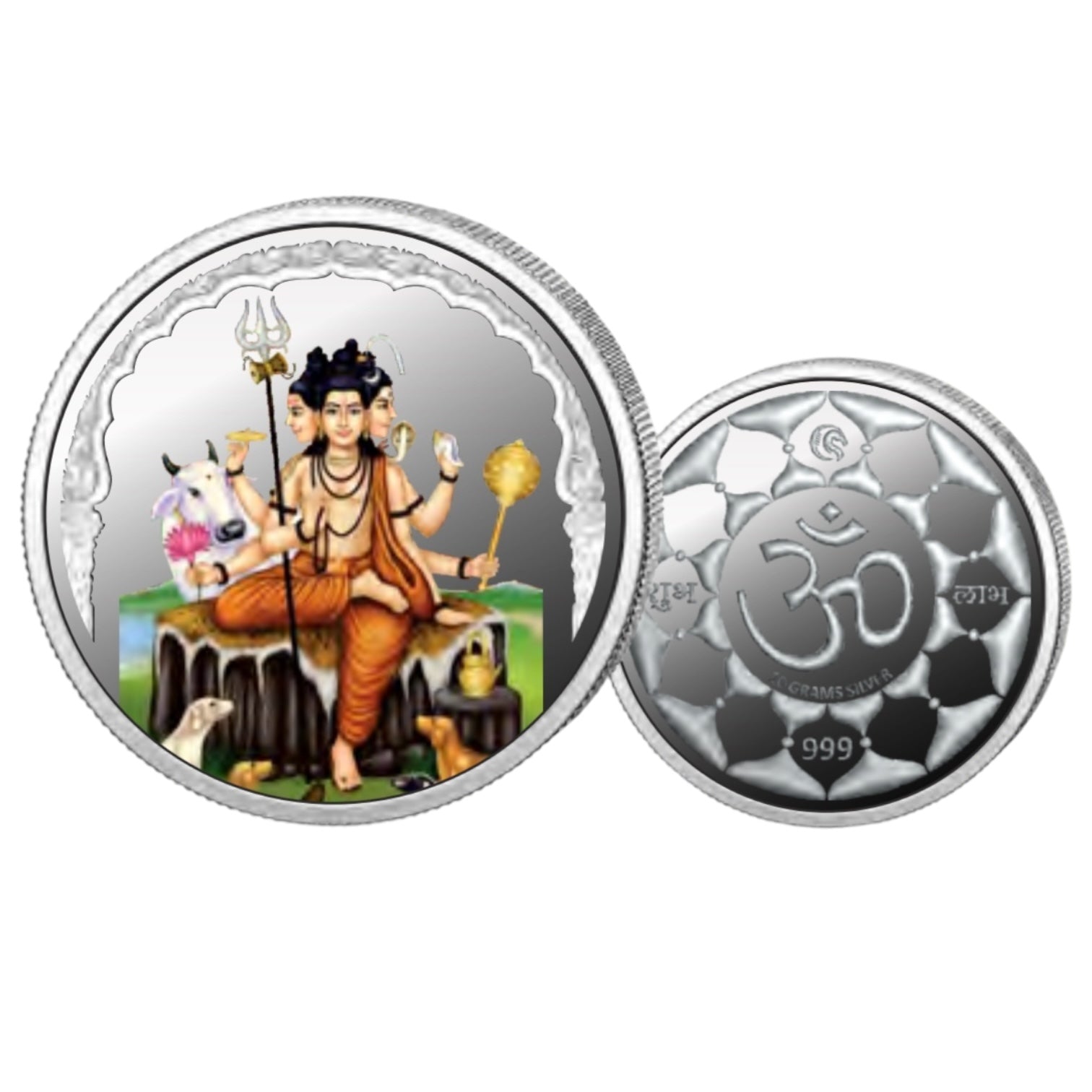 Dattatreya- Color Fine Silver Coin Purity 999 Round Shape - Backside Om - Coin Rituals