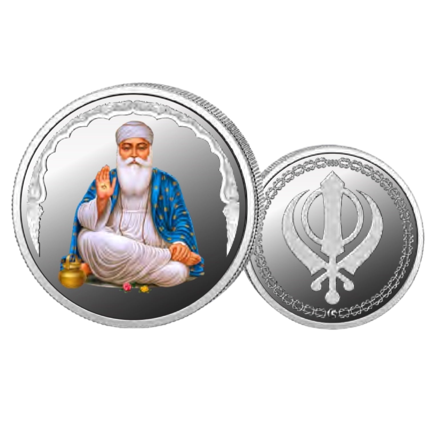 Gurunanak- Color Fine Silver Coin Purity 999 Round Shape - Backside Khanda - Coin Rituals