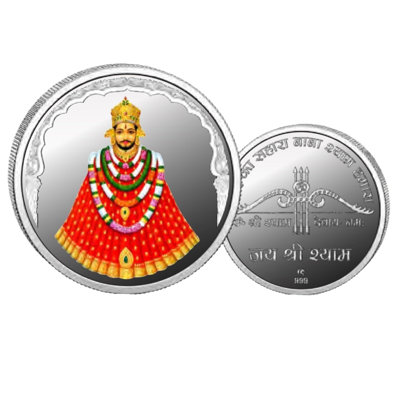 God Shyam Baba- Color Fine Silver Coin Purity 999 Round Shape - Backside Jai Shree Shyam - Coin Rituals