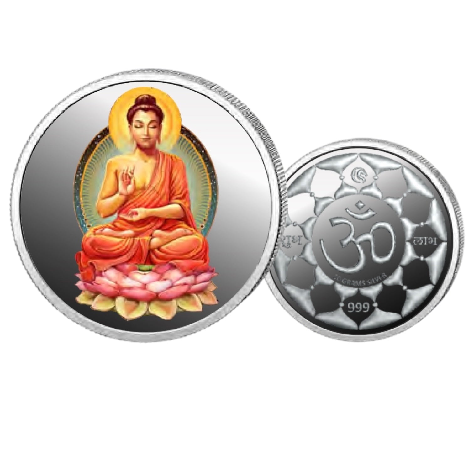 Buddha- Color Fine Silver Coin Purity 999 Round Shape - Backside Om - Coin Rituals