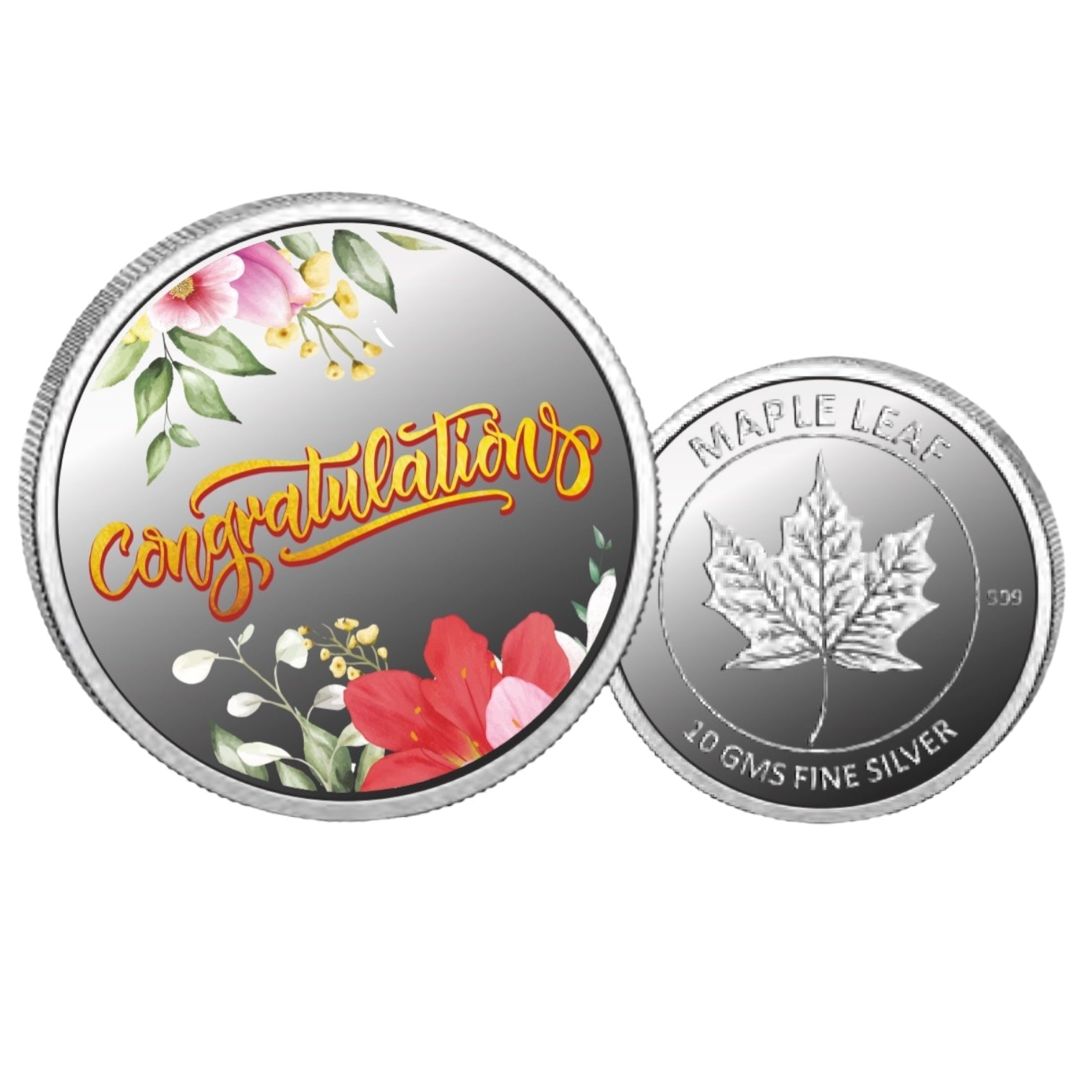 Congratulations- Color Fine Silver Coin Purity 999 Round Shape - Backside Maple Leaf - Coin Rituals