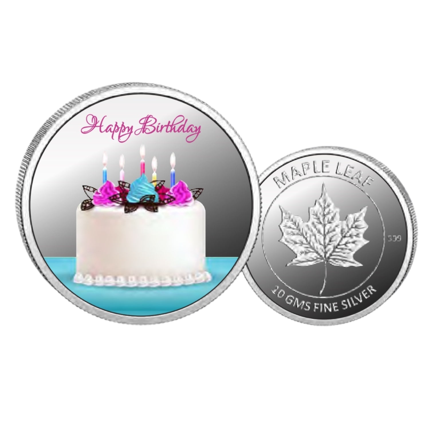 Happy Birthday- Color Fine Silver Coin Purity 999 Round Shape - Backside Maple Leaf - Coin Rituals