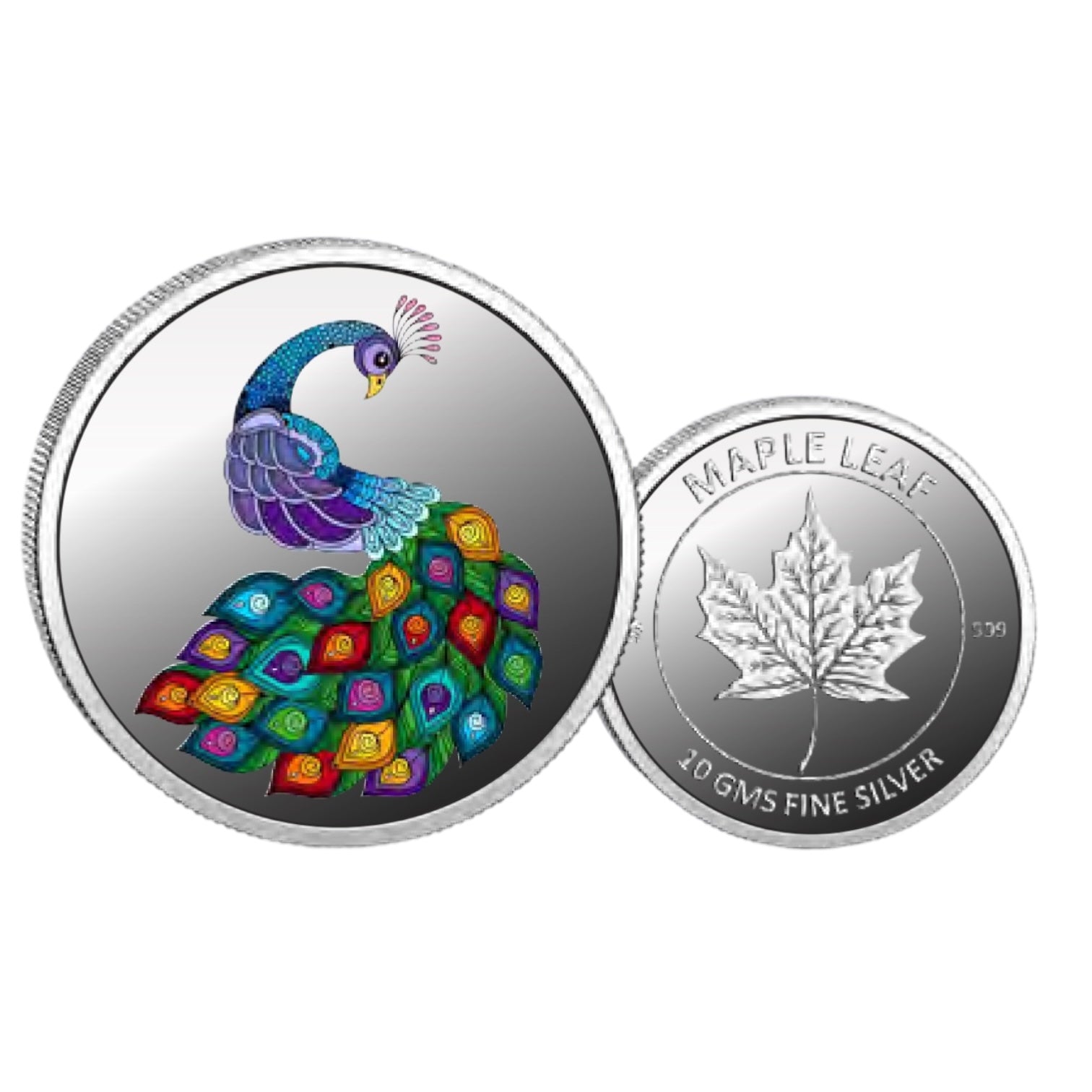 Peacock- Color Fine Silver Coin Purity 999 Round Shape - Backside Maple Leaf - Coin Rituals