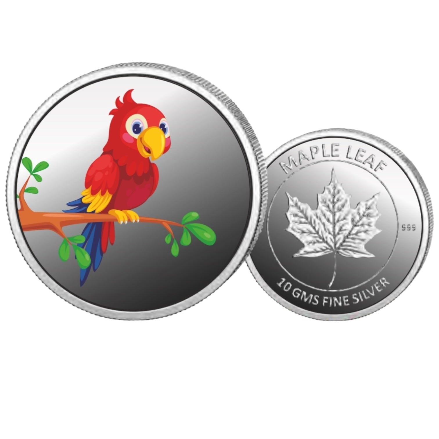 Parrot- Color Fine Silver Coin Purity 999 Round Shape - Backside Baby Feet - Coin Rituals