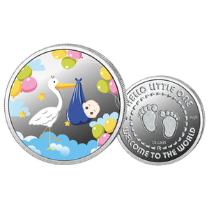 Blue Baby Boy- Color Fine Silver Coin Purity 999 Round Shape - Backside Baby Feet - Coin Rituals