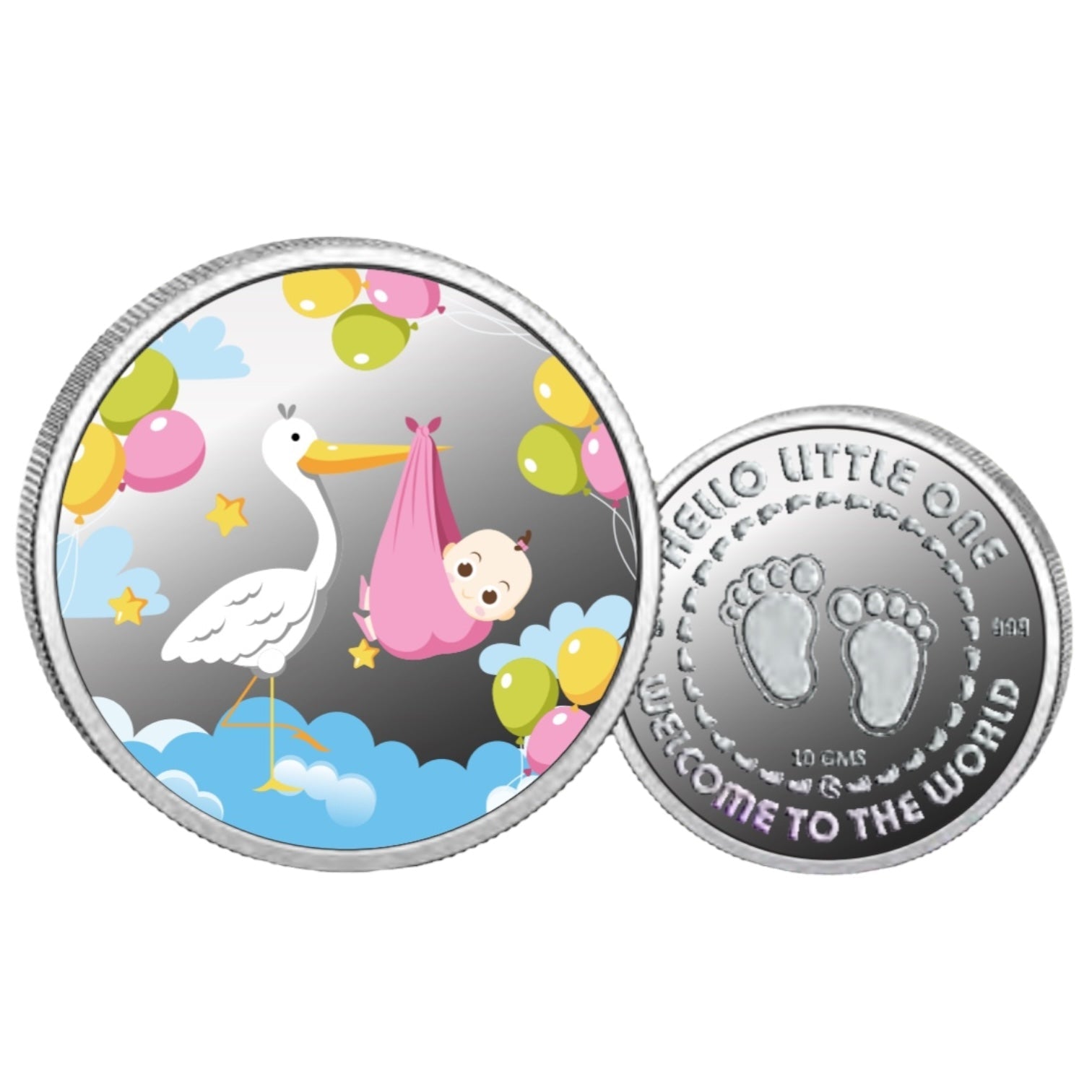 Pink Baby Girl- Color Fine Silver Coin Purity 999 Round Shape - Backside Baby Feet - Coin Rituals